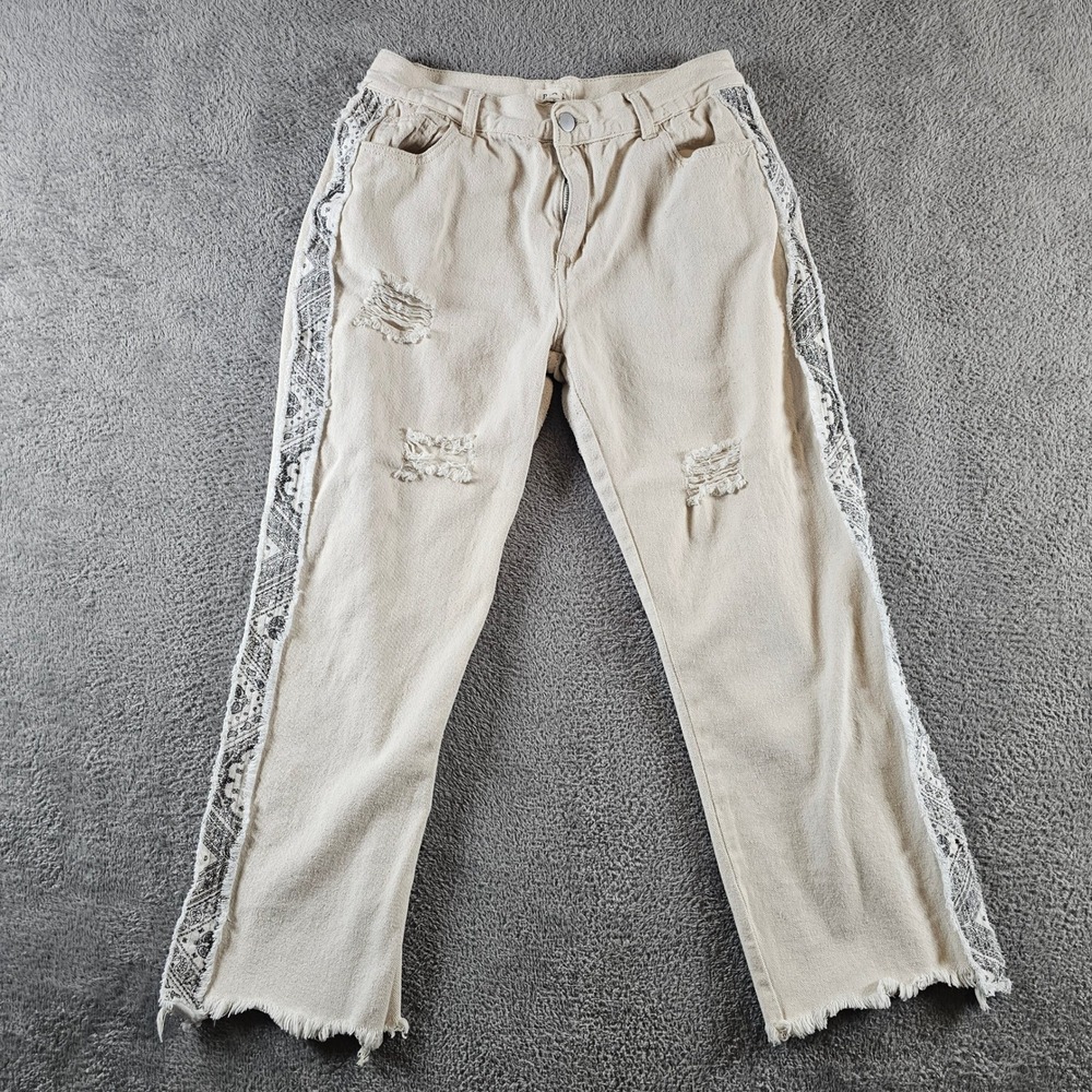 POL Clothing Distressed Beige Denim Jeans Lace Side Stripe Raw Hem Size M